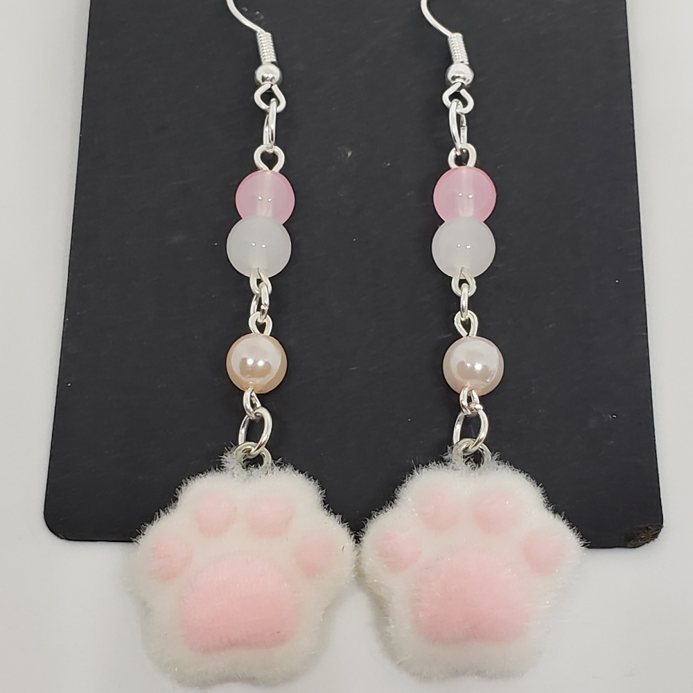 Handmade Beaded Kawaii Fuzzy Pink and White Cat Dog Paw Earrings